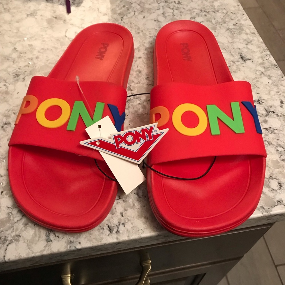 Pony Red Curl Slide Sandals with Colorful Logo size 10